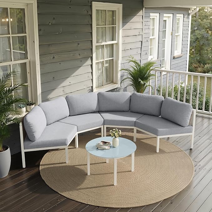 Crestlive Curved Patio Furniture Set, Modular Half Moon 4-Seater Sofa with Round Coffee Table, Aluminum Outdoor Sectional with 4.3" Cushions, All-Weather Couch for Backyard, Deck, Porch, Poolside