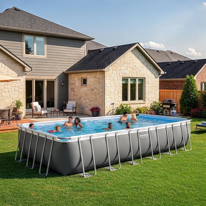 Bestway Power Steel 24’ x 12' x 52” Above Ground Pool, Rectangular Metal Frame Outdoor Swimming Pool Set with Sand Filter Pump, Ladder, and Cover