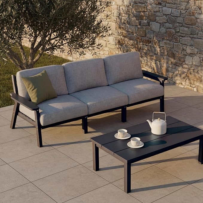 Patio Furniture Set 3 Seats, HDPE Outdoor Sectional with Washable Gray Thick Cushions, Coffee Table & Side Table, Patio Conversation Sets for Lawn, Garden, Porch, Balcony (Black Frame)