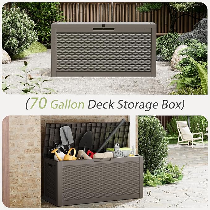 Outdoor Storage Box, Resin Deck Boxes Indoor and outdoor, Waterproof Storage Box Lockable Lid (Grey,70 Gallon)