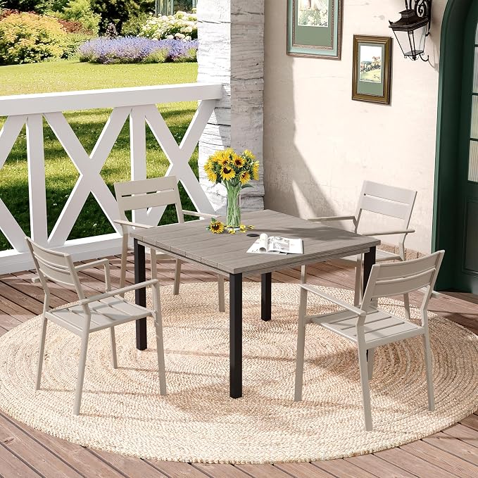 DIFY 5 Pieces Outdoor Patio Dining Set for 4, 40.2" Grey Wood-Like Square Metal Dining Table and 4 Sandshell Metal Stackable Dining Chairs, Outdoor Table and Chairs for Lawn Garden Poolside