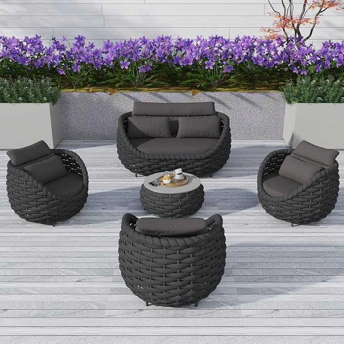 TWT 5 Pieces Patio Furniture Set, Outdoor Rope Conversation Sectional Patio Sofa with 5 Seater for Backyard, Porch, Modern Armchairs with Thickness Cushions and Side Table, Dark Grey