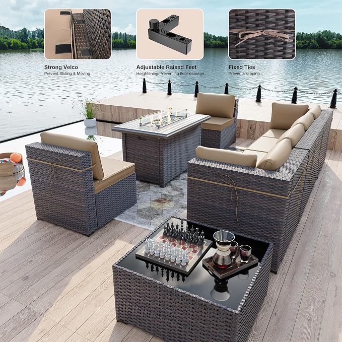 Kullavik 8 Pieces Outdoor Patio Furniture Set with 43" 55000BTU Gas Propane Fire Pit Table PE Wicker Rattan Sectional Sofa Patio Conversation Sets,Khaki
