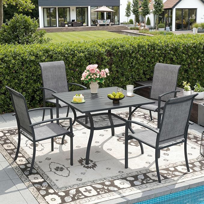 DIFY 5 Pieces Outdoor Dining Set, Metal Patio Table and Chairs Set for 4 with Umbrella Hole, 37.8" Square Dining Table and Textilene Stackable Patio Chairs for Garden Backyard Poolside, Grey