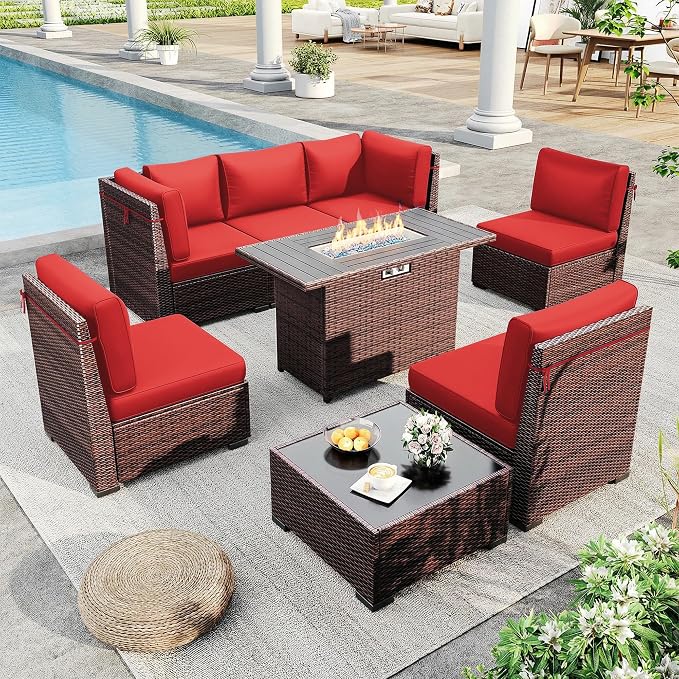Outdoor Patio Furniture Set with 44" Fire Pit Table 8 Pieces Rattan Patio Sectional Sofa Conversation Set w/55000 BTU Propane Gas Fire Pit, Coffee Table, 2 Waterproof Covers, Red