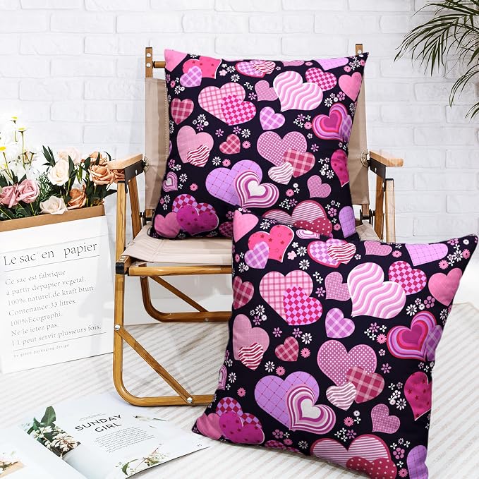 Valentines Pillow Covers 24x24 Pack of 2 Pink Purple Hearts Flowers Throw Pillow Covers Valentines Day Pink and Black Cushion Case Cotton Linen Pillowcase for Couch Sofa Patio
