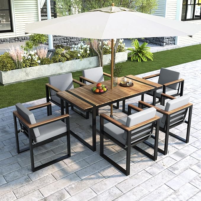 7 Pieces Outdoor Dining Set Patio Dining Table and Chair Set with and Removable Cushions for Patio, Backyard, Garden (Grey@40)