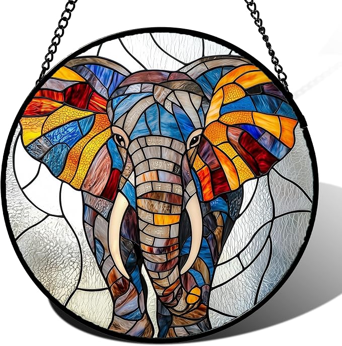 Stained Glass Window Hanging, Colorful Elephant Sun Catcher for Door Home Decor Animal Suncatcher Christmas Mother's Day Birthday Gifts for Women Men Mom and Nana 7.8 in