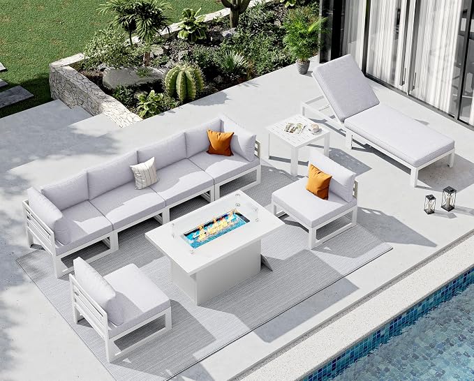 NICESOUL 9 Pcs Oversized Modern Aluminum Patio Furniture Set, 500lbs Heavy Duty Outdoor Sectional Sofa with Lounge & Fire Pit Table, 29" Deep Wide Seating Conversation Couch for Poolside, Light Gray
