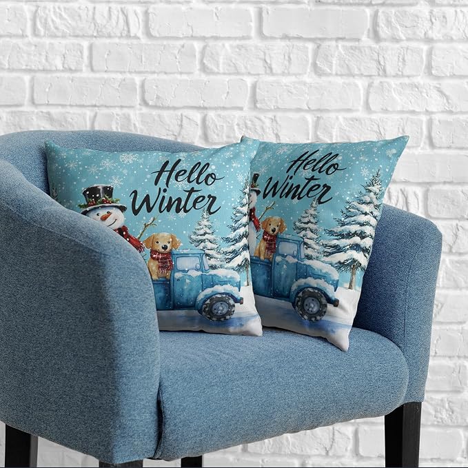 Blue Snowman Pillow Covers 20x20 Set of 2 Hello Winter Truck with Lovely Snowman Puppy Dog Throw Pillow Case Snowflakes Cushion Case for Holiday Decorations Couch Sofa