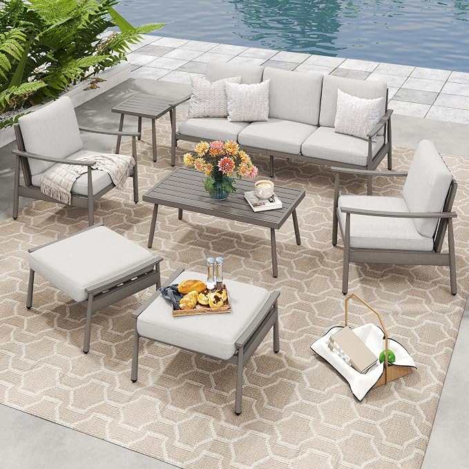 HAPPATIO Patio Outdoor Furniture Set - 7 Pieces Aluminum Outdoor Conversation Set Includes 1 Three-Seater Sofa, 1 Coffee Table, 1 Side Table, 2 Armchairs and 2 Ottomans for Porch Lawn (Grey)