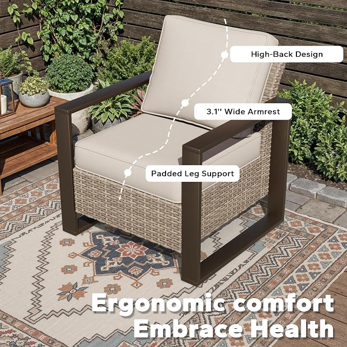 Joyside Outdoor Patio Chairs, 8 Pieces Wicker Rattan Furniture Set, 4 Patio Chairs, 1 Sofa, 2 Ottoman and 1 Table, Metal Wide Armrest, Thick Cushions and Deep Seating for Garden, Backyard, Porch