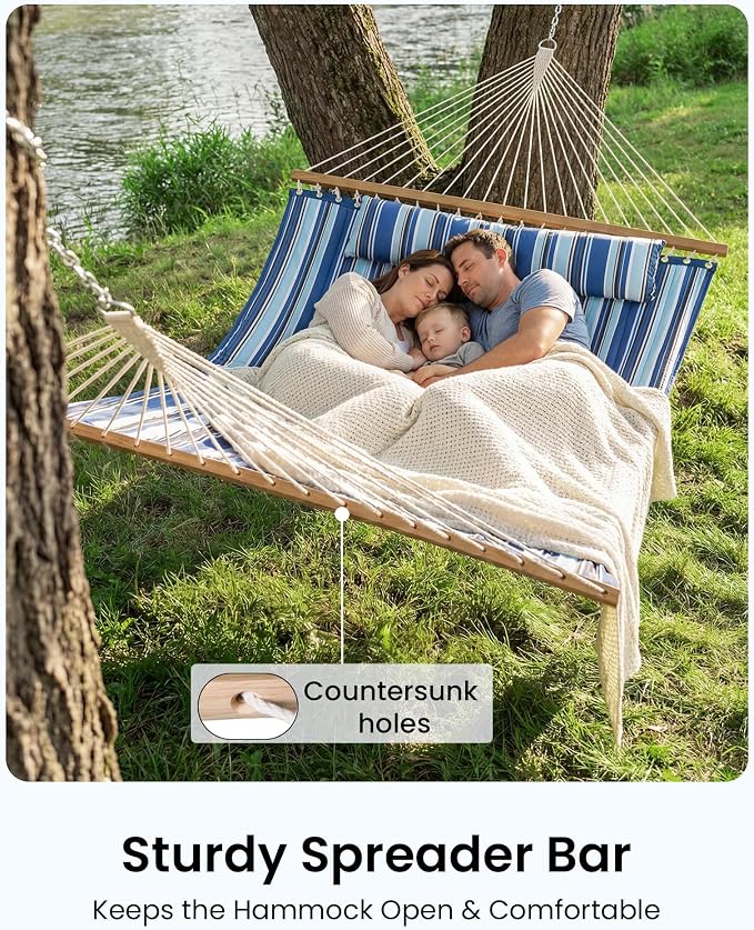ANAGOO Double Hammock with Spreader Bar & Pillow, 2-Person Portable Hammock, 500lbs Capacity for Outdoor Camping, Patio, Backyard, Garden, Beach & Travel Relaxation – Blue