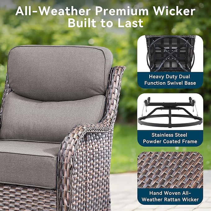 Luxury High Back Outdoor Furniture with 6-Inch Thick Cushions, Patio Furniture Set with Swivel Chairs, 8 PCS Wicker Conversation Set for Porch, Balcony, Deck and Yard