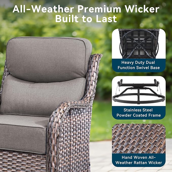 Luxury High Back Outdoor Furniture with 6-Inch Thick Cushions, Patio Furniture Set with Swivel Chairs, 4 PCS Wicker Conversation Set for Porch, Balcony, Deck and Yard