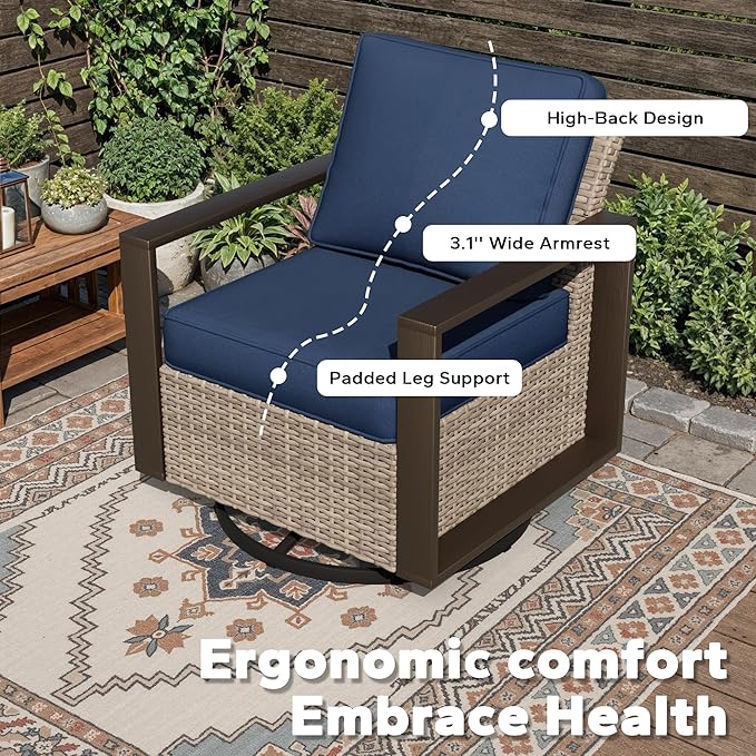 Outdoor Patio Swivel Rocker Chairs, 5 Pieces Wicker Furniture Set, 2 Swivel Rocking Chairs, 2 Ottoman and 1 Table, Metal Wide Armrest, Thick Cushions and Deep Seating for Garden, Backyard, Porch, Deck
