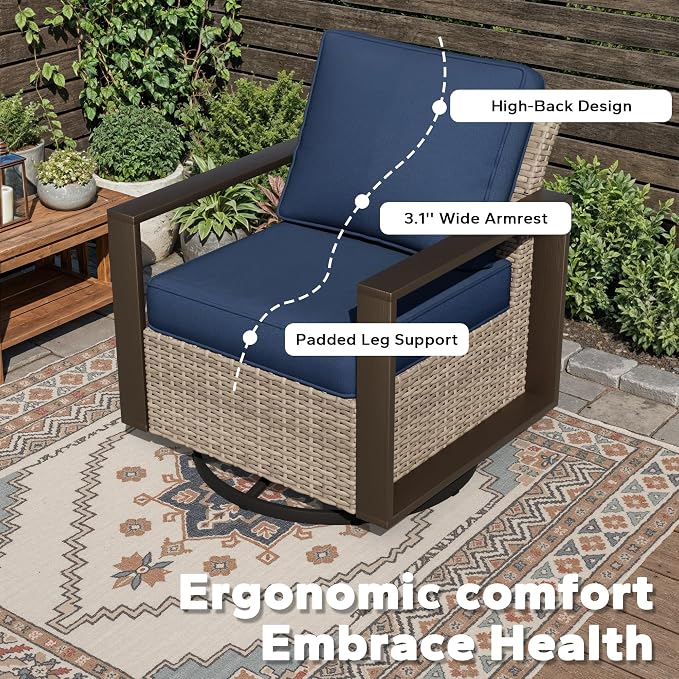 Outdoor Patio Swivel Rocker Chairs, 7 Pieces Wicker Furniture Set, 2 Swivel Rocking Chairs, 2 Sofa 2 Ottoman and 1 Table, Wide Armrest, Thick Cushions and Deep Seating for Garden, Backyard, Porch