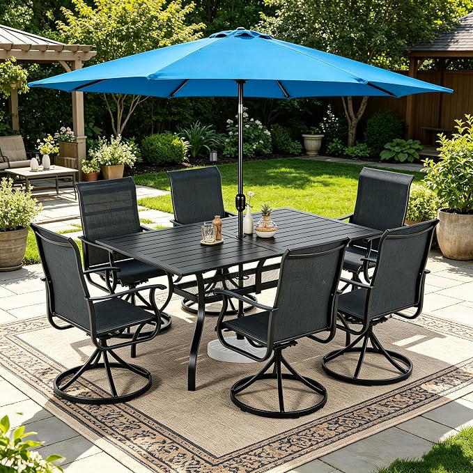 SUNCROWN 8-Piece Outdoor Dining Set, All Weather Patio Furniture Sets with 6 Black Swivel Textilene Mesh Chairs & Rectangular Metal Table & 1 Light Blue 9Ft Umbrella for Garden Backyard Poolside