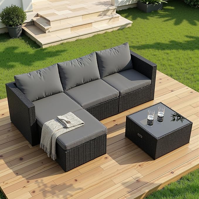 Shintenchi 4 Pieces Patio Furniture Set, 2-in-1 Convertible Sectional Sofa & Chaise Lounge, All-Weather Wicker Rattan Sofa Couch with Cushions & Coffee Table for Yard, Garden, Porch, Poolside (Gray)