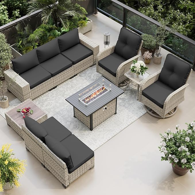 10-Piece Outdoor Patio Furniture Set with Rocking Swivel Chair, PE Wicker Rattan Sectional Sofa Patio Conversation Set with 55,000 BTU Fire Pit Table & Coffee Table, Dark Grey