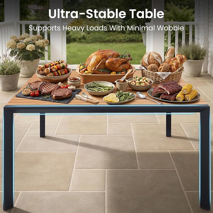 9-Piece Square Outdoor Dining Set, 56" Patio Table and Stackable Chairs | Aluminum Frame Adjustable Umbrella Hole All-Weather Wood Grain Tabletop for Garden, Deck, Backyard, Brown