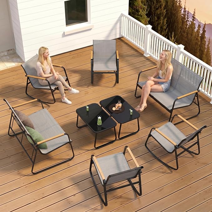 Ahomly 8-Piece Outdoor Patio Furniture Set, Textilene Conversation Set with Rocking Chairs, Loveseat, and Tempered Glass Coffee Table, for Lawn, Garden, Balcony, Poolside (Grey)