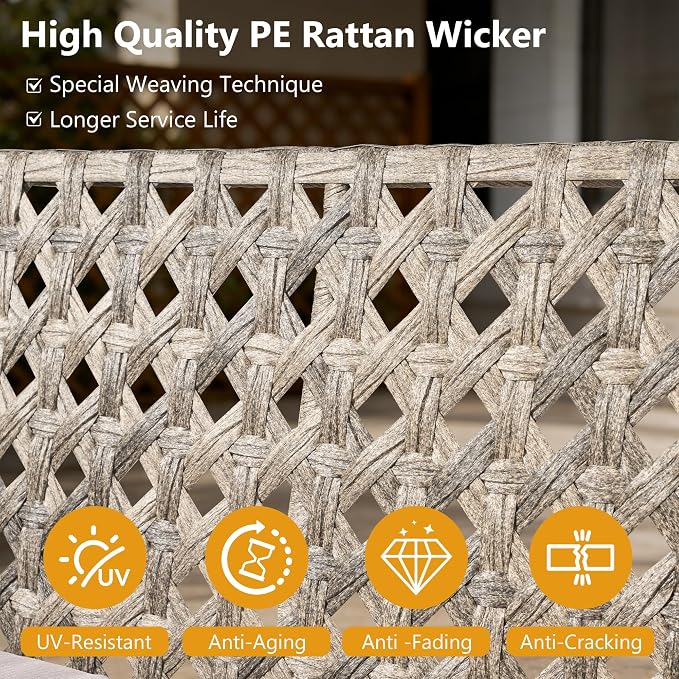 HOOOWOOO 4 Pieces Patio Furniture Set,PE Wicker Outdoor Conversation Sets,Weather Resistant Loveseat with High Back Chairs Table for Porch Balcony Yard Deck,Light Gray