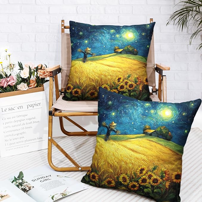 Fall Throw Pillow Covers 24x24 Set of 2 Autumn Sunflower Wheat Field Harvest Pillow Covers Scarecrow Under Van Gogh Starry Night Thanksgiving Pillowcase for Home Decor Couch