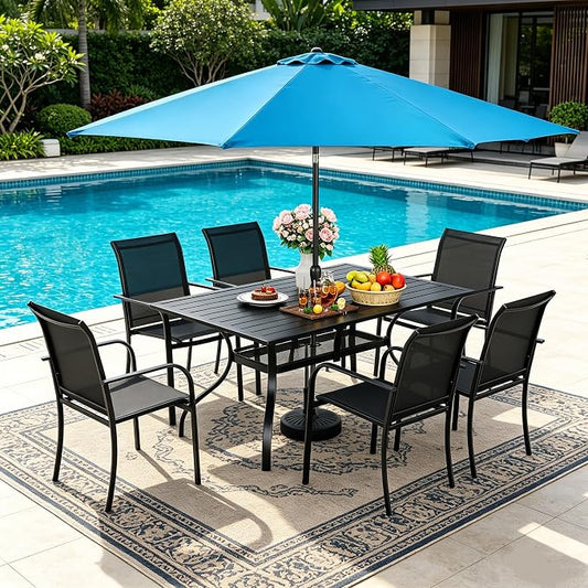 SUNCROWN 8 - Piece Outdoor Dining Set, Patio Furniture Set with 6 Textilene Dinning Chairs, 1 Rectangle Metal Table and 1 Sky Blue 9Ft Patio Umbrella for Lawn Garden Backyard Deck, Black