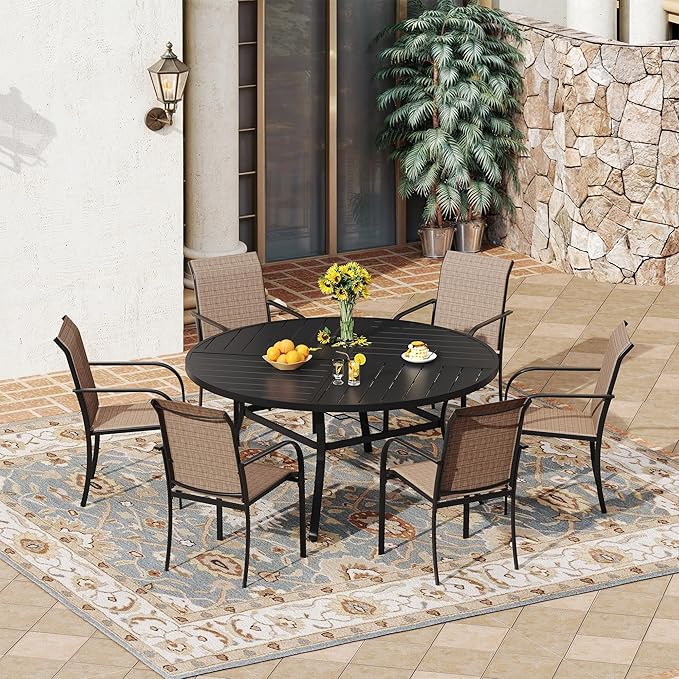 VICLLAX 7 Pieces Patio Outdoor Dining Set, 50" Round Metal Table with Umbrella Hole and 6 Stackable Textilene Chairs for Patio, Lawn, Garden, Porch, Black/Brown