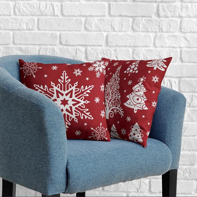 Christmas Pillow Covers 20x20 White Xmas Tree with Snowflakes Decorative Pillow Covers Set of 2 Red Winter Holiday Pillow Case for Home Decorations Couch Outdoor