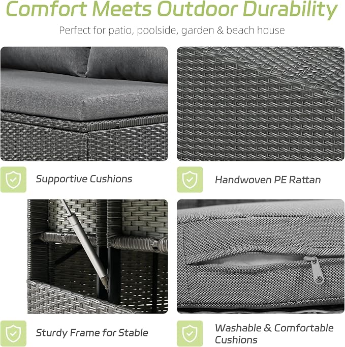 Polibi 5-Piece Outdoor Sectional Conversation Set Sofa, Rattan Wicker L-Shaped Patio Furniture Sets with 2 Extendable Side Tables, Patio Dining Table,Patio Benches for Outdoors,Grey