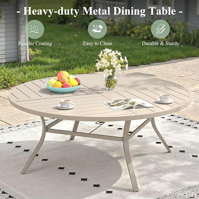 Outdoor Dining Set for 8, 63.1" Outdoor Dining Table with Umbrella Hole and Padded Textilene Patio Swivel Chairs, 9 Pieces Patio Table and Chairs Set for Garden Backyard, Sandshell