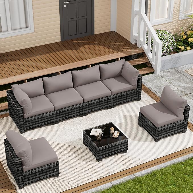LOUVIXA 7 Piece Outdoor Patio Furniture Set, Outdoor Sectional Sofa, Wicker Rattan Patio Furniture, Patio Conversation Set with Coffee Table & Cushions