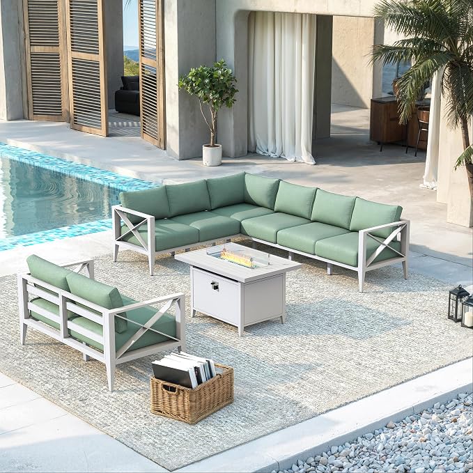 Patio Furniture Set with Fire Pit Table Outdoor Sectional Sofa Conversation Set for Backyard Deck Garden Seating