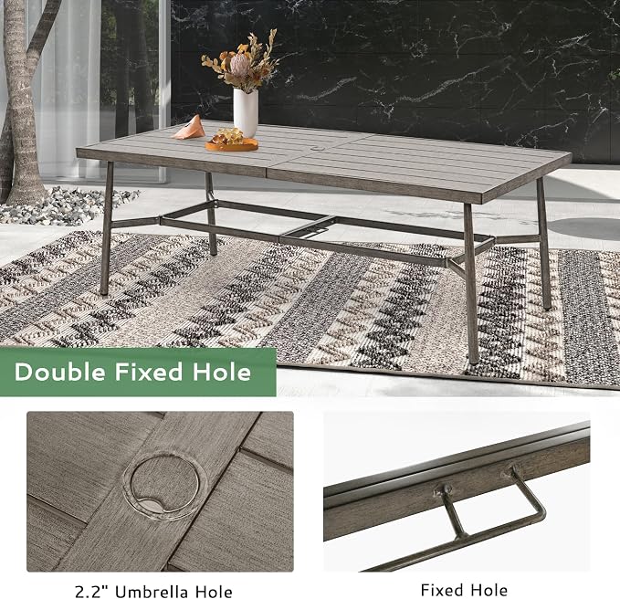 9-Piece Outdoor Dining Set for 8, Aluminum Dining Set with Cushions, 8 Dining Chairs with Rope Backrest, Large Rectangular Table with Umbrella Hole,Patio Dining Set for Porch Yard Deck,Grey