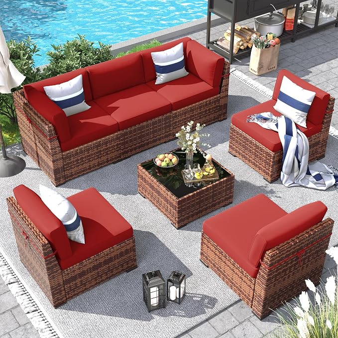Patio Furniture Set, 7 Pieces Outdoor Modular Conversation Set Wicker Sectional Sofa for All Weather Rattan Patio Couch for Porch Garden Backyard Balcony Poolside (Red)