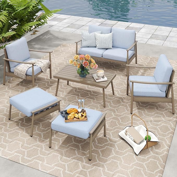 HAPPATIO Patio Outdoor Furniture Set - 6 Pieces Aluminum Outdoor Conversation Set with 1 Cushioned Loveseat, 2 Armchairs, 1 Coffee Table, and 2 Ottomans for Yard, Porch, and Deck (Brown)