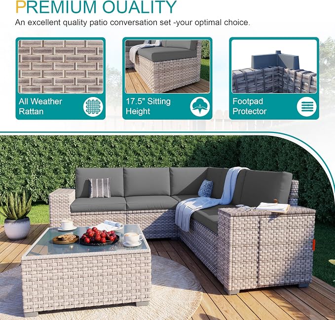 6-Piece Patio Furniture Set, Outdoor Extra Wide Armrest Modular Patio Sofa, Dual-Strand Rattan Wicker, Rust-Resistant Frame, Backyard High Back, Large Seat Furniture for Porch Garden Balcony, Grey