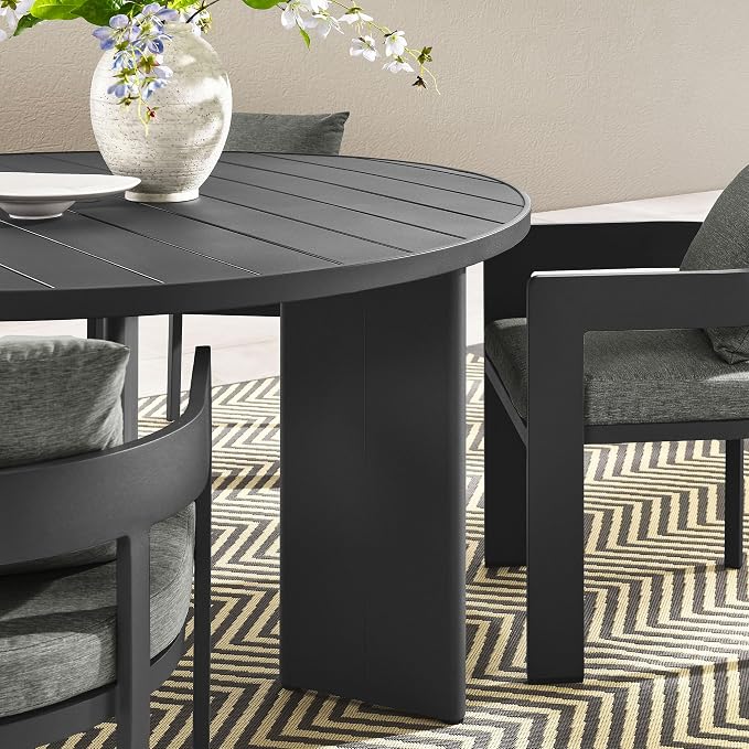 Modway Tahoe Outdoor Patio Powder-Coated Aluminum 5-Piece Dining Set in Gray Gray - Round Patio Furniture Set for 4 - Outside Table with Umbrella Hole and Cushioned Chairs - Modern Patio Set
