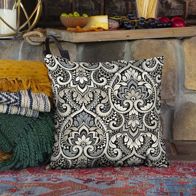 Arden Outdoor Toss Pillow, 16x16, Black Damask | Indoor/Outdoor Décor, Rain-Proof, Fade Resistant, Mold and Mildew Resistant