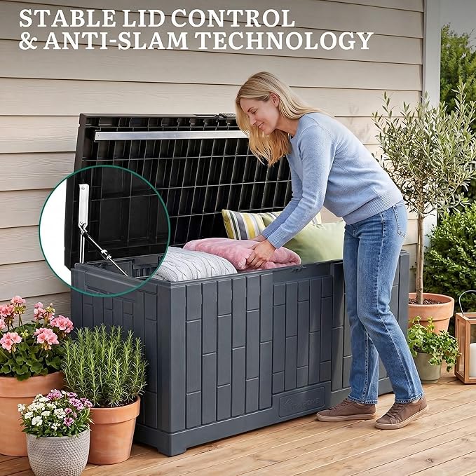 YITAHOME Large Outdoor Storage Box, 120 Gallon Waterproof Resin Deck Box w/Slide-Locking Black Lid, Patio Storage Bin and Bench Seat for Garden Tools, Cushions &Pool Supplies, Easy Assembly, Dark Gray
