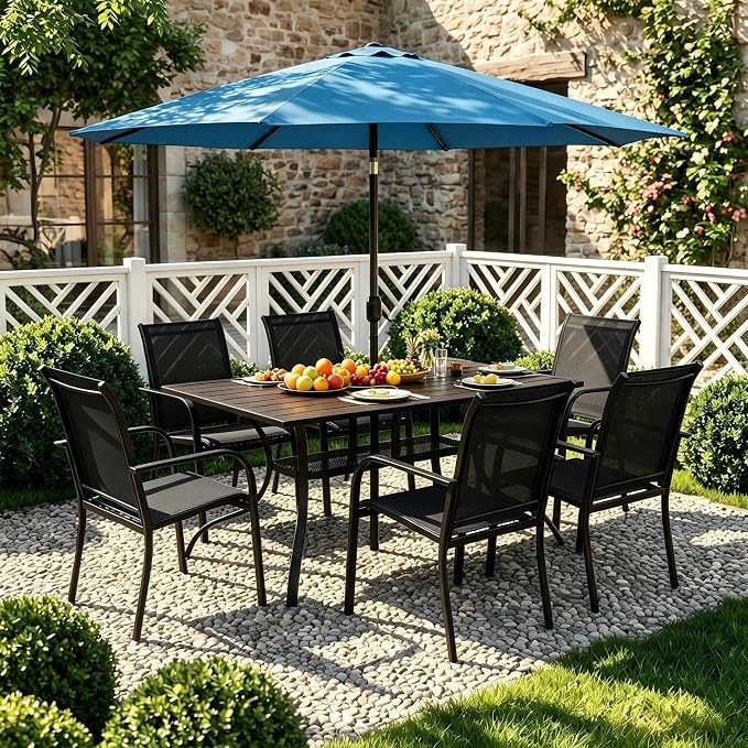 Crownland 7 Piece Patio Dining Set, Outdoor Textilene Dining Sets, 6 Textilene Metal Chairs and Rectangular Outdoor Dining Table with Sky Blue 9FT Round Outdoor Umbrella (Black)
