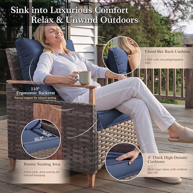 NestNook 4 Pieces Patio Furniture Set, Outdoor Conversation Set with All-Weather Handwoven PE Wicker Sofa, Rattan Chairs and Thick Cushion, Loveseat & Coffee Table for Backyard, Deck & Poolside, Blue