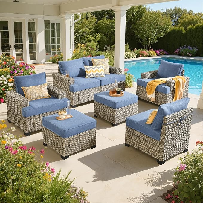 Outdoor Sectional Patio Furniture Set,7 Pieces All Weather Rattan Wicker Conversation Sets,Out Door Furniture with Ottoman Single Chair,Denim Blue