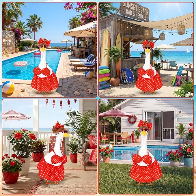 Abbylike Summer Bikini Porch Goose Outfit Red Polka Dot Bikini Yard Goose Hawaiian Clothes with Sunglasses and Curls Wigs Fits Large 23'' H Cement for Outdoor Garden Patio Pathway Statue Art Decor