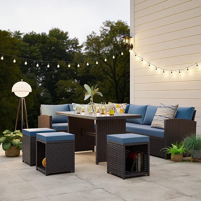 JOIVI Patio Furniture Set, 7 Piece Patio Dining Sofa Set, Outdoor Sectional Sofa Conversation Set All Weather Wicker Rattan Couch Dining Table & Chair with Ottoman, Aegean Blue