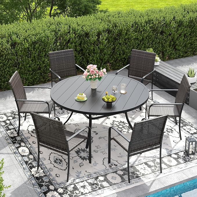 DIFY 7 Piece Outdoor Dining Set, Patio Table and Chairs Set for 6 with Umbrella Hole, 50" Black Round Dining Table & Stackable Wicker Patio Chairs, Metal Patio Furniture Set for Garden Backyard
