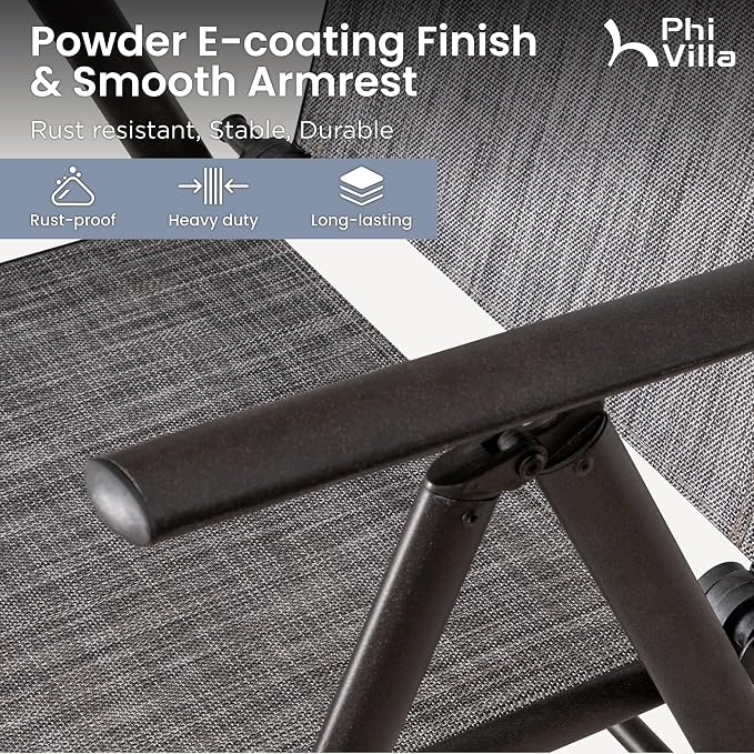 PHI VILLA Round Outdoor Dining Set for 4 with Folding Chairs, Grey | Light-weight & space-saving, Breathable & quick-drying, Metal Table, Umbrella Hole, Weather-Resistant, Adjustable, Patio deck