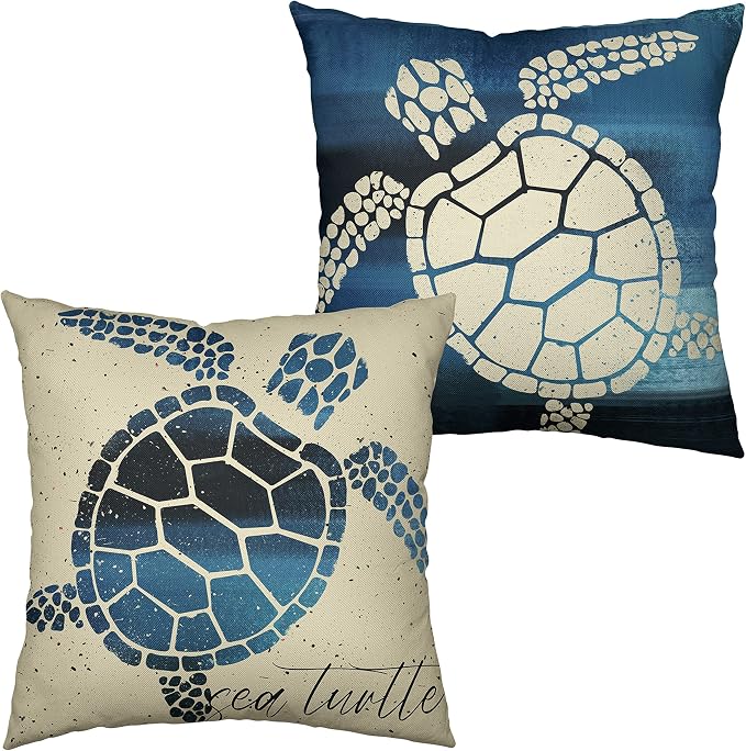 Beach Room Decor Pillow Covers Nautical Coastal Sea Turtle Throw Pillowcase 18x18 Set of 2 Blue Beige Square Linen Pillow Covers for Living Room Car Outdoor